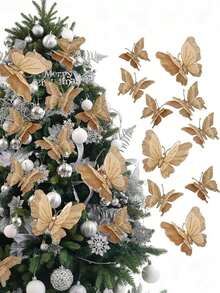 2 piezas Adornos de mariposa con purpurina en forma de árbol de Navidad, decoraciones navideñas de mariposa de tela dorada, mariposa 3D hueca simulada con clips, decoración colgante de pared de mariposa pastel de Navidad para árbol de Navidad, corona, accesorios para el cabello, decoraciones colgantes del árbol de Navidad, decoración de guirnalda, adecuado para fiesta de boda, manualidades navideñas, decoración del hogar, tocados, accesorios de fotografía y decoración del hogar