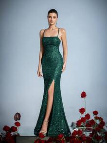 Elegante vestido de noche de lentejuelas con tirantes finos - Diseño de espalda cruzada, abertura alta - Perfecto para recepciones de bodas, galas, eventos de alfombra roja y fiestas formales - Verde Oscuro - Ver 6