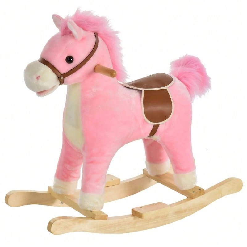 HOMCOM Rocking Horse Pink Plush Rocking Animal With Animal Sounds For Children 36-72 Months 65x32.5x61 Cm Toy
