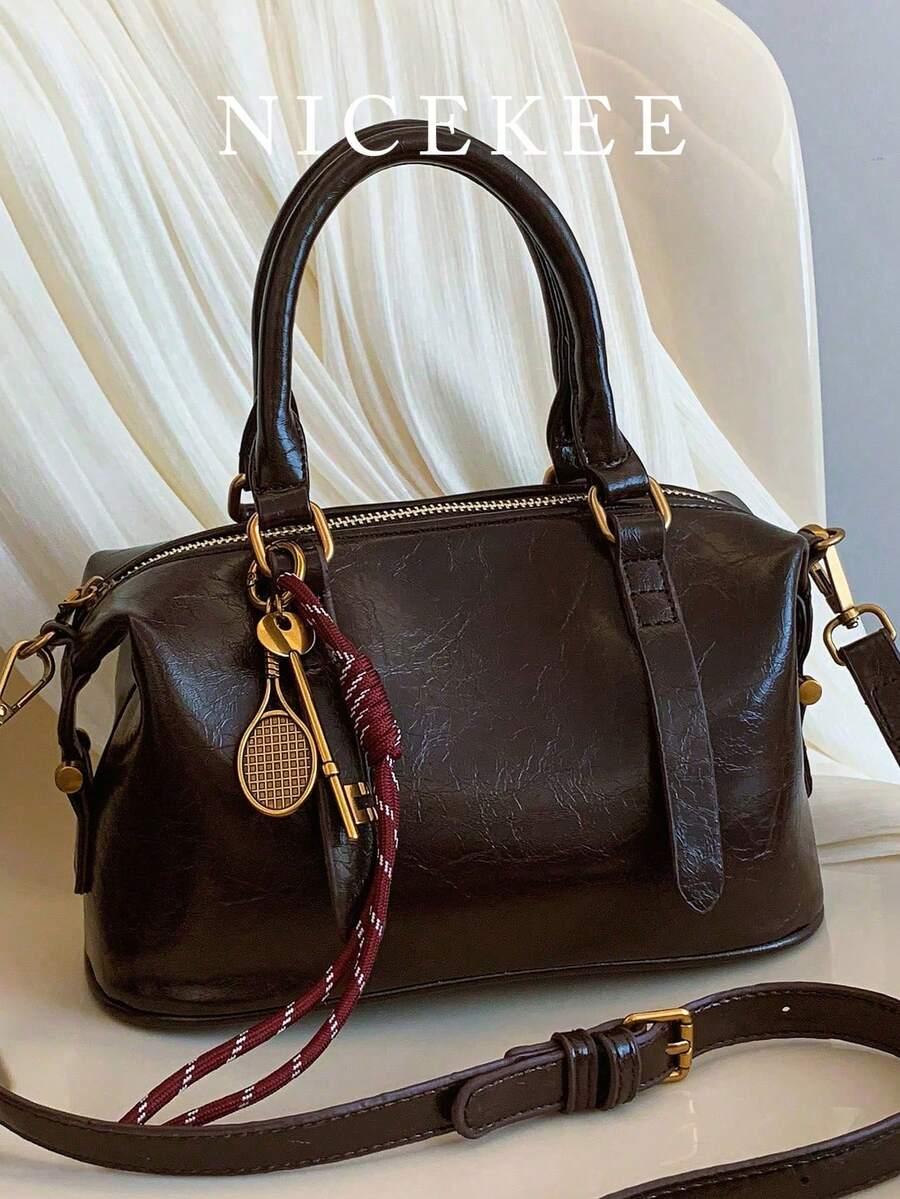 Fashionable And High-Quality Daily Versatile Handbag, Niche Design And High-Value Boston Bag, Equipped With A Key Pendant, Retro And Popular Simple Solid Color Women's Shoulder Bag, Crossbody Bag, Suitable For Dating, Dining, Going Out And Commuting - Coffee - View 1