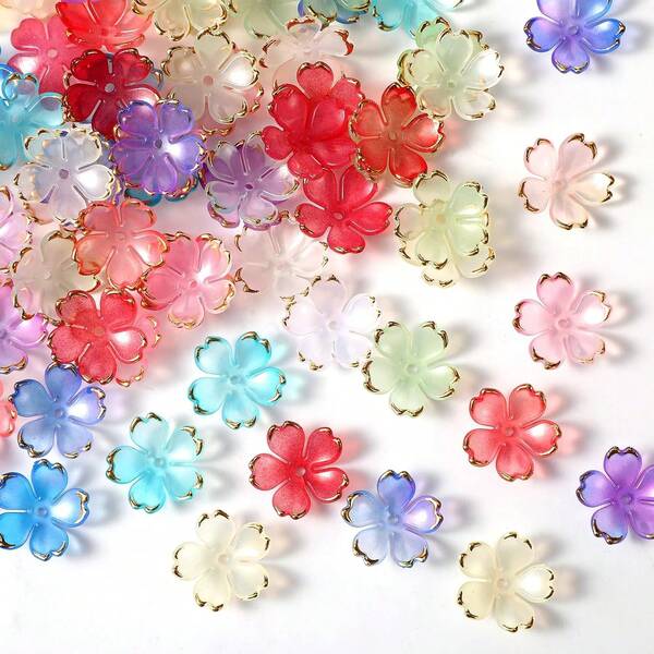 50pcs Multicolor Acrylic Flower Petal Beads With Golden Edge, Gradient Color Beads For DIY Jewelry Making, Earrings, Necklaces, And Pendants Crafts Supplies