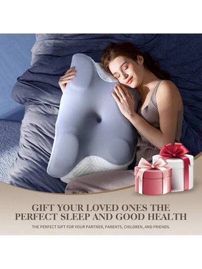 Memory Foam Pillow, Neck Support Ergonomic Kussen Side, Back Stomach Sleepers, Contoured Bed Breathable Cover, White/Grey view 6