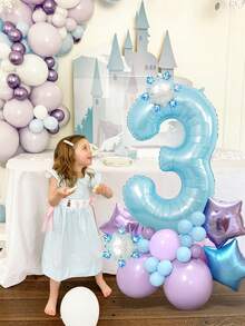 26pcs Ice & Snow Themed Blue Number Birthday Balloon Set, Includes 40-Inch Pearl Blue 0-9 Number Foil Balloons, Snowflake And Purple/Blue Star Foil Balloons, Macaron Purple/Blue Latex Balloons, Suitable For Winter Theme Party Decor, Princess Birthday Party, Winter Birthday Party, Christmas Decor, Christmas Party Supplies, Frozen Theme, Decorations - Multicolor - View 3