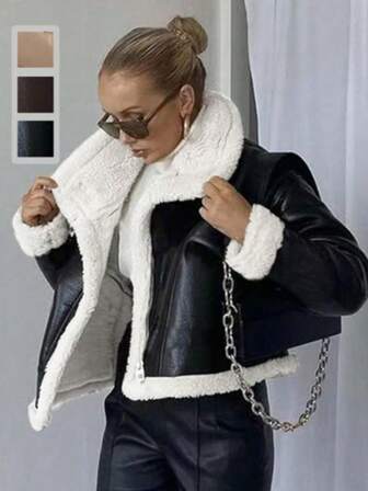 女士时尚休闲街头风格羊毛夹克，保暖仿毛领纯色短款外套，秋冬