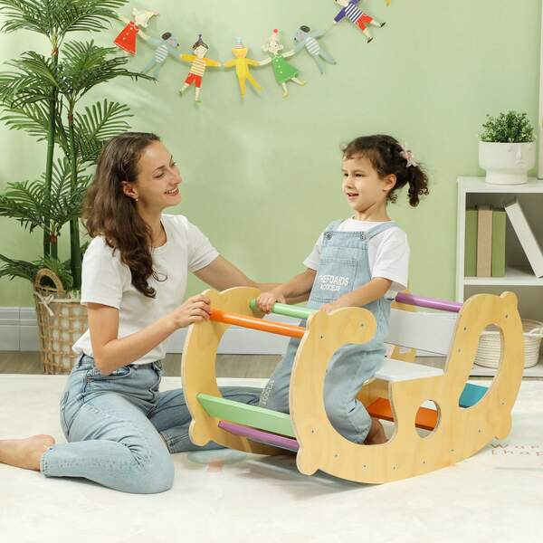 QABA Climbing Toy For Toddlers, 2 In 1 Wooden Rainbow Climbing Arch Ladder Baby Rocker, Children Indoor Play Gym Montessori Climbing Learning Playset Playground For 18-48 Months