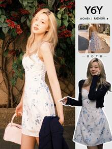 Y6Y 2025年新款白色碎花细肩带女式迷你连衣裙，束腰修身款，秋季 - 白色 - 查看 8