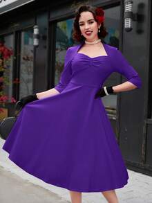 Váy dạ hội midi cổ tim màu đỏ hồng cổ điển thập niên 1960 - Màu tím - Xem 4