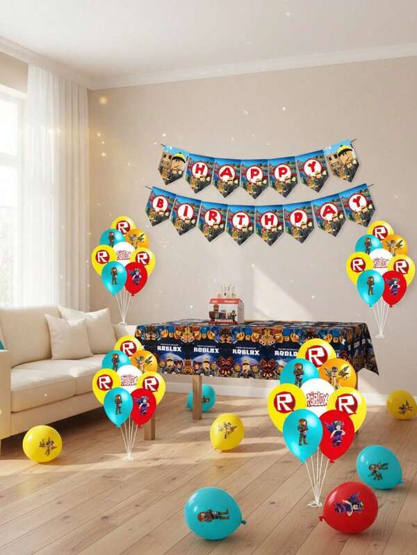 12/10/1CPS Versatile Virtual World Robloc Room Decor Kit -Iconic Characters Banner,Balloon, Tablecloth, Perfect For Indoor Celebrations, School Events,Home Parties,Sandbox Game Theme Home Decoration
