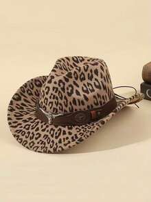 A Pair Of Men's And Women's Leopard Print Road West Cowboy Hats, A Detachable Classic Brown Cow Head Trim Cowboy Hat, A Women's Cowboy Hat, A Fashionable Hat That Is Lightweight And Suitable For Both Men And Women Throughout The Four Seasons, Perfect For Outdoor Activities Such As Music Festivals, Birthday Parties, And Christmas