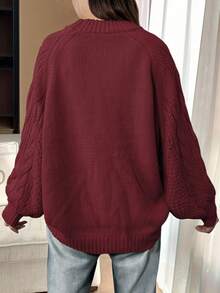 Plus Size Plus Size Casual Crew Neck Long Sleeve Knitted Pullover Sweater - Burgundy - View 3
