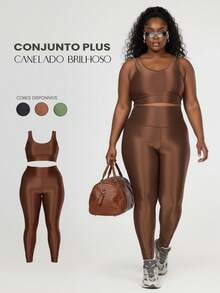 Plus Size Women's Ribbed Fitness Set Gym Top And Shiny Sports Leggings - Rust Brown - View 1