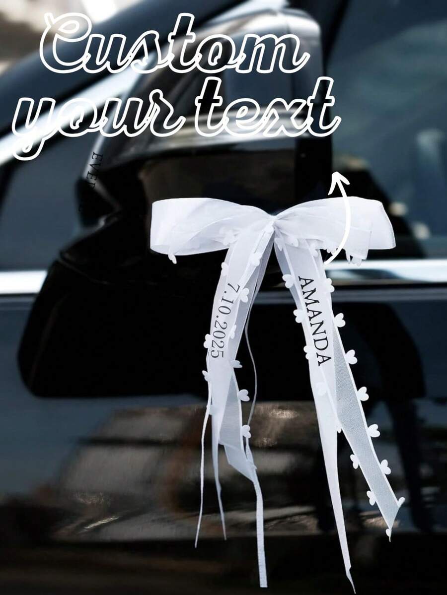 1 Piece/Multiple Pieces Personalized White Wedding Car Bow, Wedding Bow, Champagne Glass Ribbon, Personalized Satin Ribbon Name Tag, Wedding Car Decoration, Wedding Bow, White Heart-Shaped Wedding Car Bow, Wedding Car Bow Door