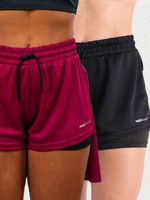 2 Women's Double Gym Shorts With Pocket Bermuda Shorts For Training, Walking And Other Sports - 黑色+勃根地酒紅色 - 查看 1