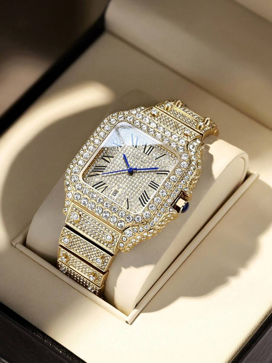 DAYAND NIGHT 2025 New Diamond Watch Luxury Quartz Timepiece For Men & Women Business Banquets Daily Wear Perfect Valentine's Anniversary Birthday Gift Christmas Iced-Out Diamond Watch Moissanite Roman Watch - 玫瑰白 - 查看 1