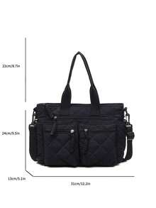 女士大容量尼龙单肩包 - 前置口袋和拉链斜挎设计 - 黑色 - 查看 10