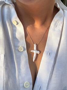 1pc Minimalist Elegant Luxury Asymmetrical Cultured Faux Pearl Cross Stainless Steel Waterproof Pendant Necklace, Suitable For Women's Daily, Party, Vacation, Banquet Wear, Great Gift For Mother, Wife, Girlfriend, Birthday, Christmas