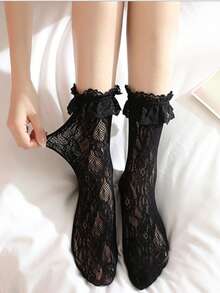 1 Pair Women Lace Mid-Calf Socks With Big Ruffle, Stretchy Hollow Mesh Thigh High Stockings, Lolita Style Kawaii Design - Black - View 5