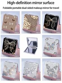 1 pezzo Specchio da trucco bifacciale, nuovo stile Ins con design a pois scintillanti, fiocco di perle, lettera inglese, cuore, pizzo floreale sexy, candela, farfalla di lusso colorata e brillante, specchio compatto portatile e pieghevole, strumento cosmetico, specchio a mano, specchio da tasca, specchio decorativo per casa, viaggio, matrimonio, festa, compleanno, regalo