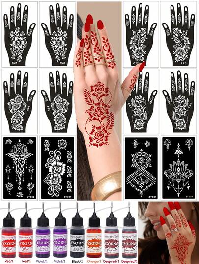 韓国ボディペインティング（ヘナ）キット ヘナタトゥーステンシルデザインと8本の混合色ペーストが付いた一時的