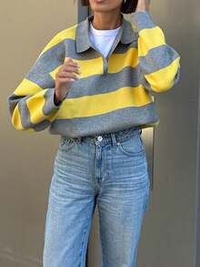 2025 Women's Autumn/Winter Fashion New Arrival, Streetwear/Commuter/Casual Comfort/Stylish Personalized, Ins European And American Style Fashion Polo Collar Long Sleeve Contrast Stripe Pullover Knit Sweater - Multicolor - View 6