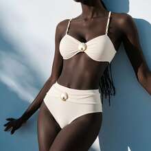 Conjunto de bikini acanalado elegante de concha para mujer, atuendo de alta gama para vacaciones de verano - Beis - Ver 7