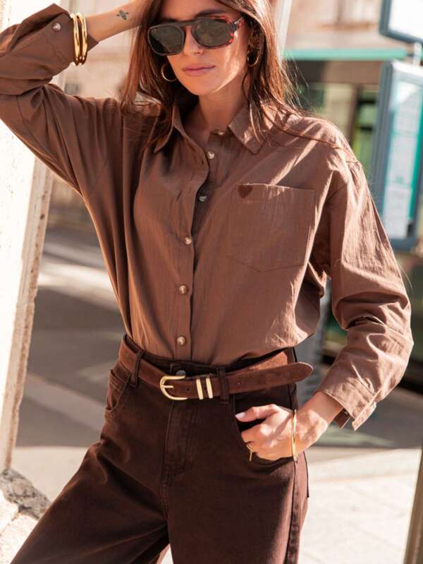 1pc Women's Solid Color Basic Fashion Shirt, Suitable For Holiday, Office, Commute, Casual, Formal Occasions In Spring/Autumn