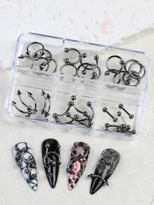 6 Grids Nose Nail Rivets Metal Tip Cone Punk Style Y2K Charms Set Metal Alloy Black Mixed Arrow Nail Jewelry Decorration 3D Nail Art Supplies For Nail Lovers 30pcs/Box