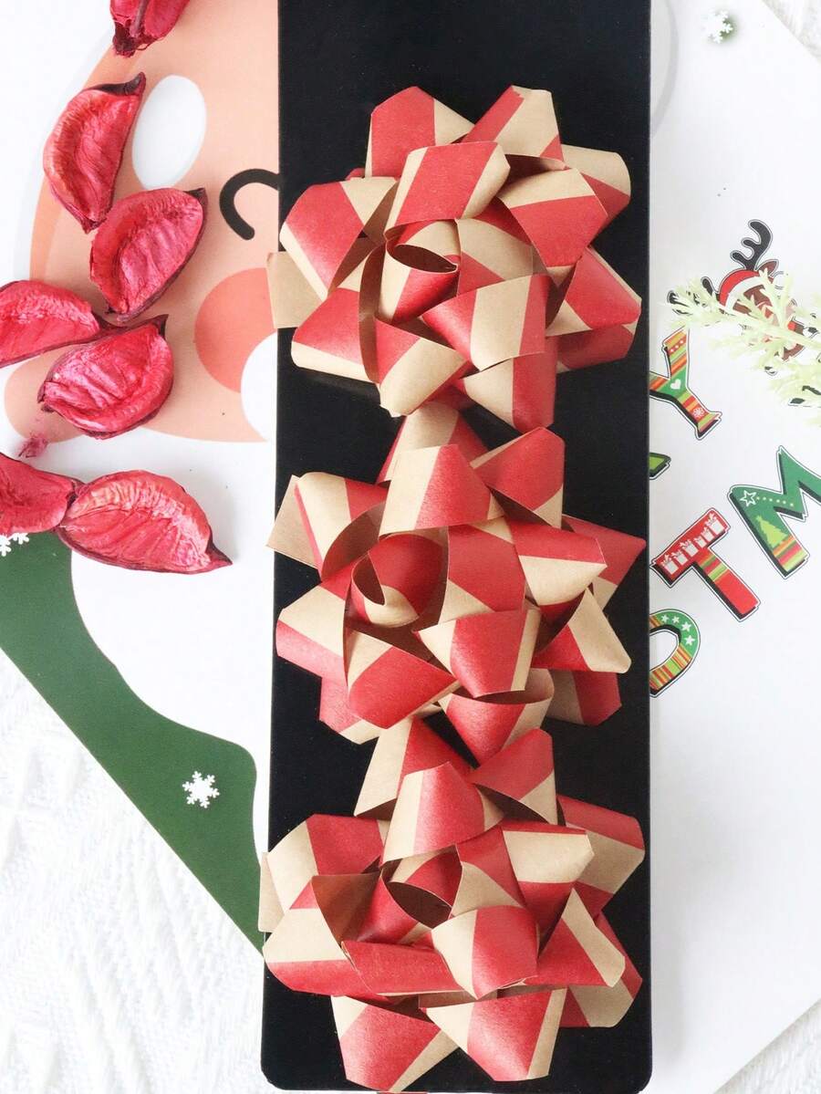 3pcs/Set 3-Inch Kraft Paper Gift Wrapping Supplies, 3D Star Curling Ribbon, Minimalist Red Striped Self-Adhesive Bow, Suitable For Christmas Gift Wrapping - Red - View 1