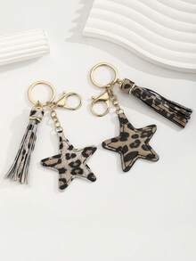 1 قطعة DIY مصنوعة يدويًا من جلد البو ذو طبعة نمر مع شرابة بشكل نجمة خماسية، حلقة مفاتيح نجمية جلدية، هدية إبداعية للحبيب والصديق والصديقة والمناسبات والأعياد والهاتف المحمول وإكسسوارات السيارة وهدايا صغيرة لحقيبة الأحداث وإكسسوارات السيارة وهدايا المعلم والأخت