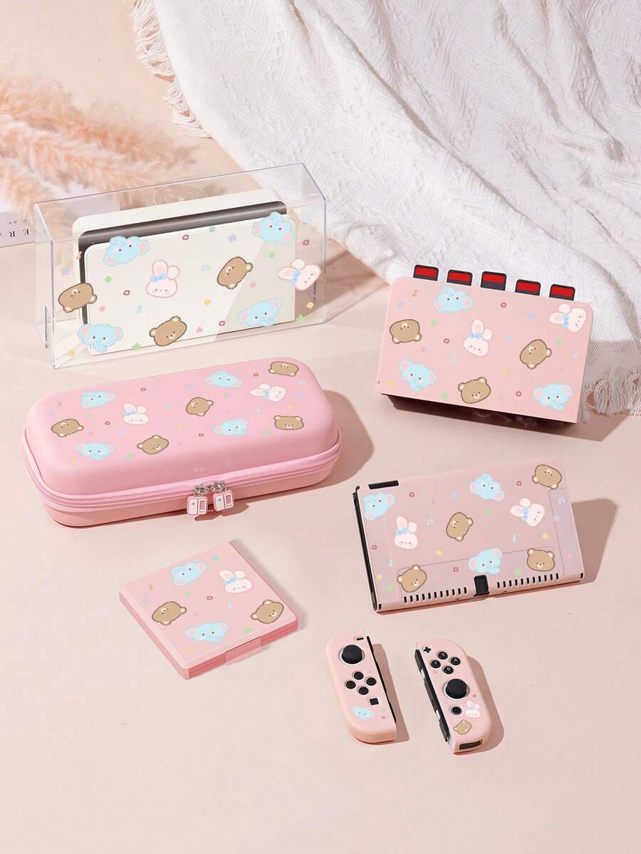 Compatible With Switch/Switch OLED/Switch Lite Cartoon Bear & Rabbit & Elephant Pattern Game Console Shell And Accessories, The Package Includes A Protective Case, Storage Bag, Base Shell, Game Console Dust Cover, Game Storage Card Box, Handle Protective Cover And Other Styles Of Accessories To Choose From, Christmas Gifts/Spring Romance/Valentine's Day Gifts/Back To School Gifts