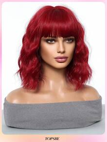 Modische und verspielte weinrote 14-Zoll-Kurzhaar-Bob-Perücke aus hitzebeständigem synthetischem Material für Frauen, für Cosplay, Y2K, Festivals, Geschenke, Halloween-Kostüme