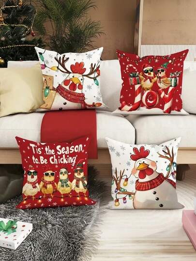 4pcs Festive Christmas Rooster Throw Pillow Covers, Contemporary Style, Machine Washable, Zipper Closure, Woven Polyester, Decorative Cushion Cases For Living Room Sofa Bed - Red & Green Holiday Designs, Christmas Pillow Covers, Christmas Decor