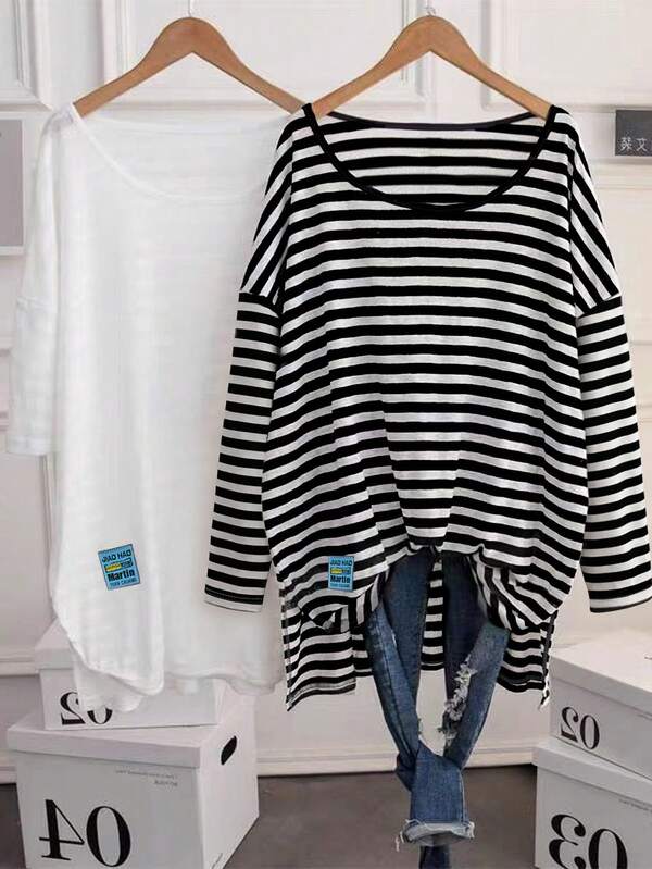 Suéter de mujer talla grande casual, romántico y elegante con rayas y contraste de color, cuello en pico asimétrico, de punto acanalado. Camiseta de punto de talla grande, cómoda, de manga larga, cuello en pico, diseño de hombros caídos, tela elástica media, top largo y holgado