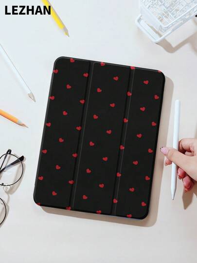 1pc Black Solid Color With Red Heart Pattern Tablet Protective Case, Compatible With IPad 10.2" IPad (A16) 11" 11th Gen 2025 IPad 8th/9th/10th Gen, IPad Air 4th 10.9", Galaxy Tab A8 10.5" 2022, Matepad 10.4/Tab, With Pencil Slot, Anti-Drop, Tablet Stand Cover