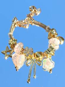 1pc Vintage Ceramic Charm Bracelet, Imitation Blue And White Porcelain Heart Flower Bracelet, Star Bracelet, Ceramic Heart Bow Bracelet