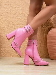 女士新款踝靴，时尚百搭尖头粗跟粉色搭扣铆钉踝靴，秋冬款 - 粉色 - 查看 5