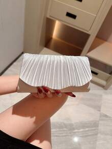 1 pieza Bolso de embrague de fiesta formal con diseño de satén plisado clásico, bolso de novia romántico para boda, bolso sobre con solapa y cadena - Plateado - Ver 5