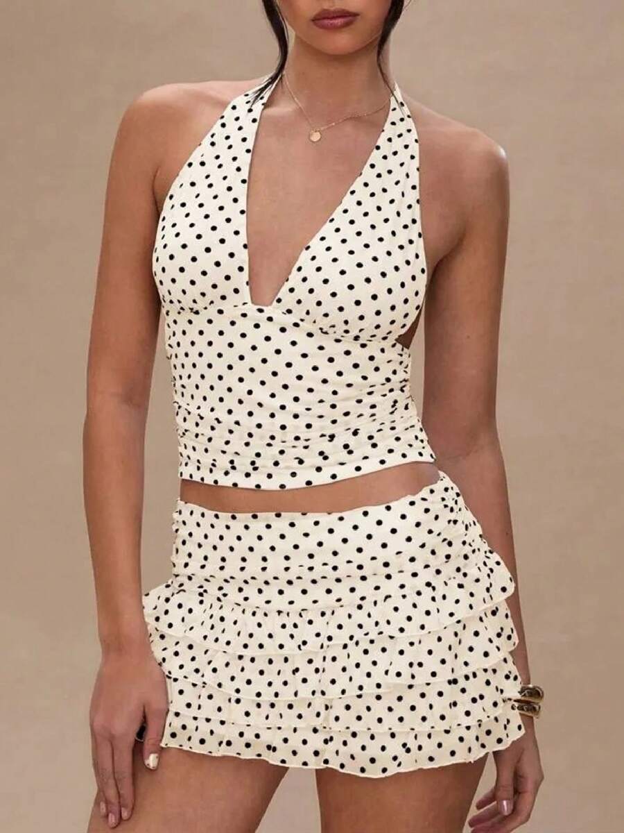 Polka Dot Shorts Sets Women 2 Piece Outfits Halter V Neck Backless Tank Top And Foldover Shorts Y2k Matching Set - trắng - Xem 1