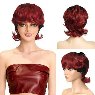 复古红棕色渐变短卷假发，欧美性感风格，时尚修脸角色扮演和日常使用假发