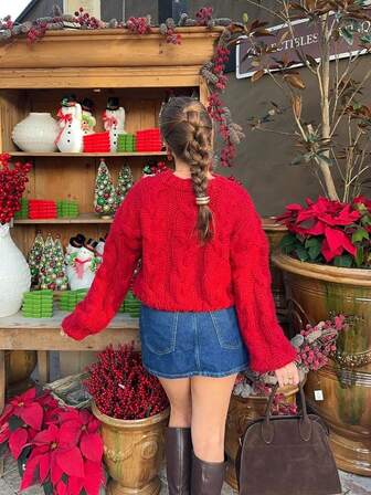 圣诞 HoloChill 女款年轻时尚休闲纯色圆领麻花针织套头衫，2025 秋冬新品