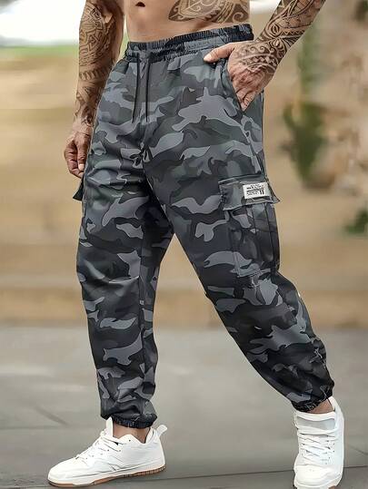 1 Pair Of Men's Outdoor Work Pants, Camouflage Quick-Drying Breathable Style, With Multiple Pockets And Drawstring Design, Suitable For Sports And Casual Wear.