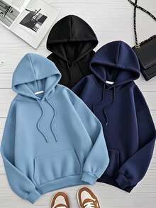Conjunto paquete set pack 3 piezas sudadera básica capucha hoodie lisa dama mujer casual manga larga bolsa canguro puños acanalados diario calientita suave cómoda moderna juvenil - Azul claro azul marino negro - Ver 3