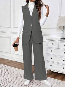 1 Set Solid Color Sleeveless Blazer Jacket + Pants Suit, Fashionable Commuter Versatile Solid Color Office Wear Summer - Grey - View 4