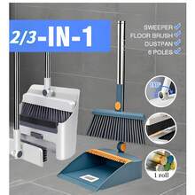 2/3-In-1 Broom And Dustpan (3-In-1 Include Floor Brush) Combo Set-With Garbage Bags - Long Handle Brush With Upright Stand For Home, Office, School Accessory For Kitchen, Dorms, Bathroom- Cleaning Tool Kit - 2-1藍色 - 查看 8