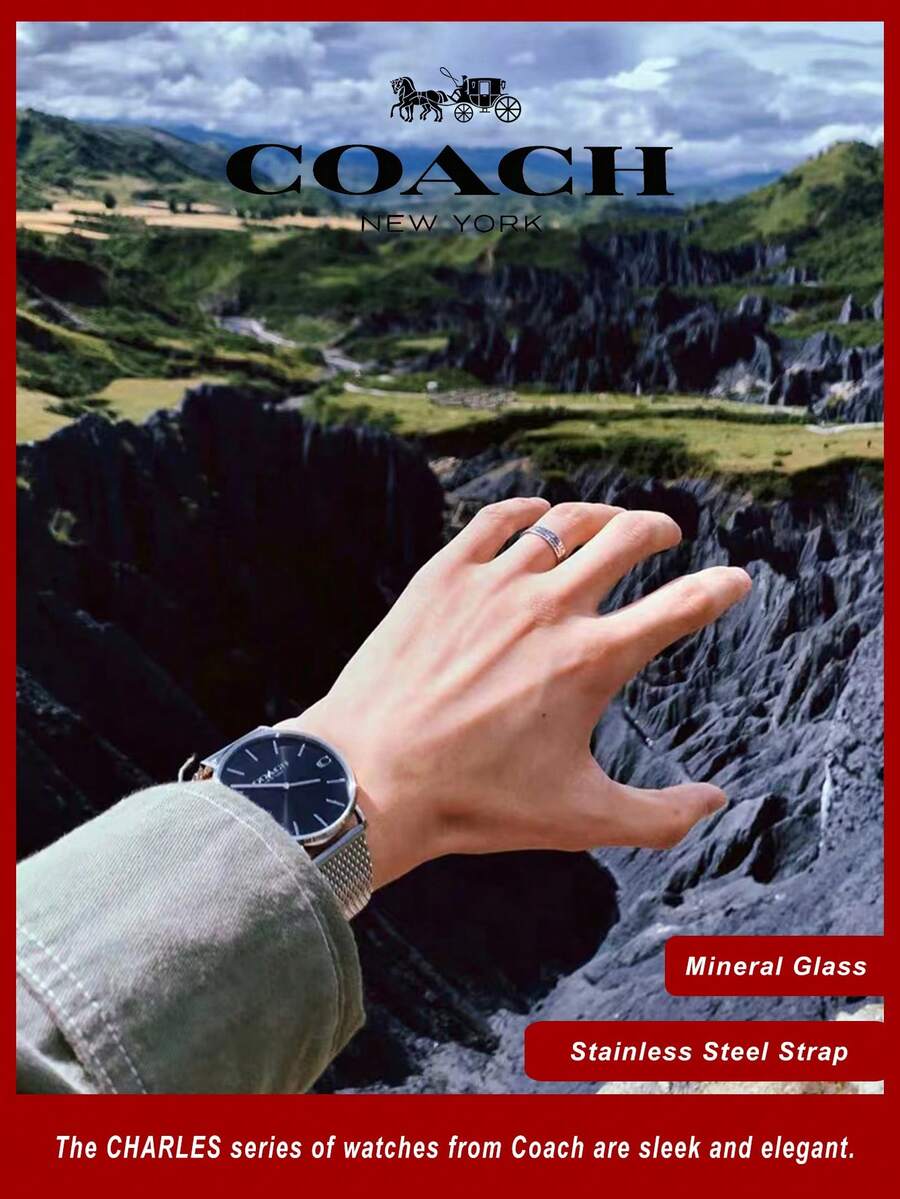 Coach Charles Black Dial Silver Mesh Bracelet Watch For Men - Silver - View 1