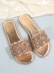 Damen Große Größen bequeme einfache Runde Zehe Cut Out Strass glänzende flache Slide Sandalen, Lässig Mode offene Zehe Strand Urlaub Sommer Schuhe - Champagnerfarben - Übersicht 6