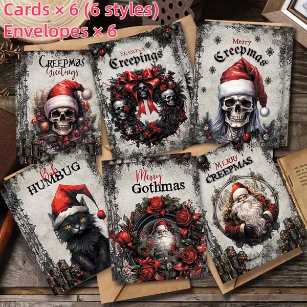 1 Set de 6 Tarjetas de Felicitación Navideñas con Estilo Gótico de Papá Noel con Sobres - Diseño Gótico Único - Perfecto para Fiestas de Invierno, Vacaciones y Deseos de Año Nuevo - Adecuado para Amigos y Familia - Regalo de Navidad Ideal