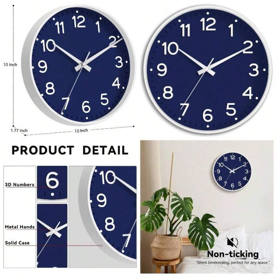 - Reloj de pared verde silencioso de 10 pulgadas, funciona con pilas, moderno reloj analgico que no hace tictac, decorativo para cocina, recmara, oficina y bao azul marino - Azul marino - Ver 1