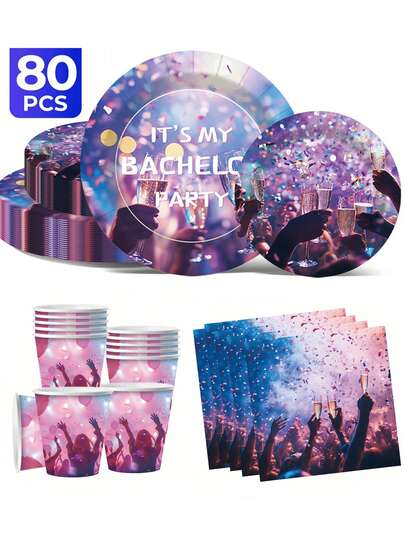 Vibrant Bachelor Party Themed 20/40/50/60/80/100 Disposable Cutlery Set, Including 7-Inch Paper Tray, 9-Inch Cardboard, 9-Ounce Cup, Napkins, Suitable For Daily Gatherings, Birthday Parties, Bridal Showers, Baby Showers, Clubs, Weddings, Tea Parties, Picnics, Outdoor Outings, And Themed Parties.