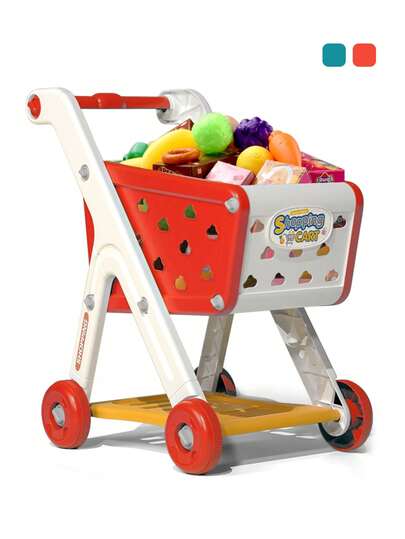 Supermarket Shopping Cart Playset - Storage Cart, Kids Kitchen Pretend Play Toy, Includes Grocery Food, Fruits, Vegetables, Snacks, Realistic Mini Food Toy Accessories, Shopping Experience Role Play, Educational Toy Gift For Boys And Girls, Christmas, Halloween, Birthday